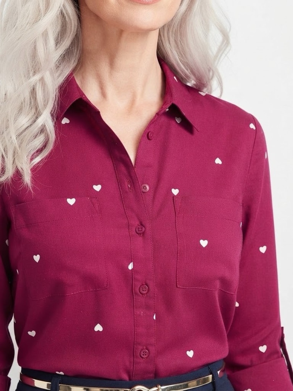 Talbots Blouse Wine Button-Front Shirt White Heart Print